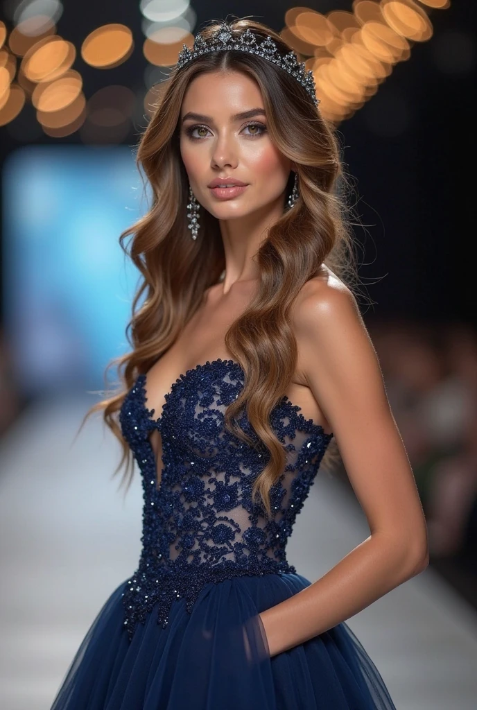 4k ultra hd, masterpiece, 1 girl with beautiful crystal dress, beautiful face, detailed eyes, detailed hair, glossy lips, medium breasts, crystal dress blue, strap dress (shining dress, attractive pose, light brown hair, at big fashion runway