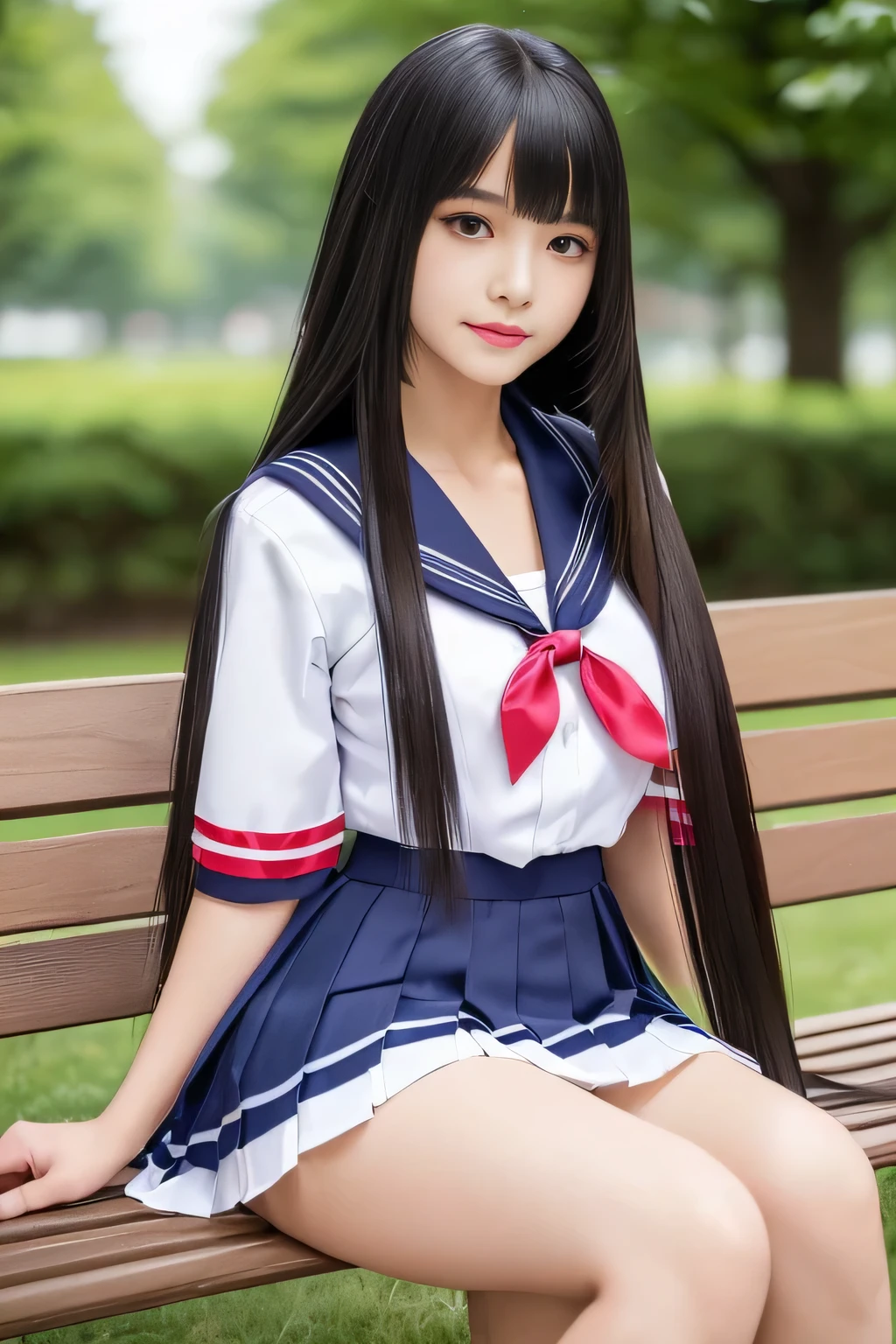 (wear Japanese School Uniform, Japanese girls uniform, Japanese , wear, wear , Seifuku, girls in uniform, loose coat collar sailor suit, middle school student, sailor suit, Sexy and cute 顔 , Beautiful middle school student Her sailor suit jacket is white with short sleeves.!!!The skirt is a dark blue mini pleated skirt .The chest ribbon is navy blue .....)(perfectly shot the entire head from the knee)(I photographed a female 1st year middle school student in a spring park)(She is sitting on a park bench with her crotch spread wide in an erotic style)(大きな胸:1.8)(The perfect face of the most erotic Japanese female junior high school 1st grader)(Best Quality)(masterpiece)(Get used to it)(Best Details)(4K)(Healthy wheat-colored erotic makeup:1.2)(Horny and erotic expression:1.5)(perfect erotic face )(patchy double eyelids)(she has Asian eyes )(Cinematic quality)(trimmed eyebrows)(Beautiful black mascara)(Light purple lipstick with sex appeal)((Beautiful bangs that are neatly aligned and naturally lowered at an angle))((Hair drawn in great detail))((the most beautiful black hair with straight hair that extends to the waist))((Very long hair that extends to the waist:1.4))((Detailed shots of the best quality hair!!!!!))(Glossy and beautiful hair!!)((Japan's most beautiful straight hair!!!))(thick and healthy beautiful hair)(Beautiful hair that flutters to the waist)(The most beautiful hair in Japan that extends to the waist!!!!!)(I took it in a park with a beautiful lawn)((Rich 1.4)) (extremely detailed 8K) (Ultra-fine skin texture 1.4) (, vibrant:1.4), sharp concentration:1.2、beautiful woman:1.4 dynamic lighting surrounded by snow (real RAW photos taken by a professional photographer)( A surreal photo by a professional photographer :1.2)((Super long hair with straight hair:1.8))((Super long hair with straight hair:1.8))((Super long hair with straight hair:1.8))((Super long hair with straight hair:1.8))