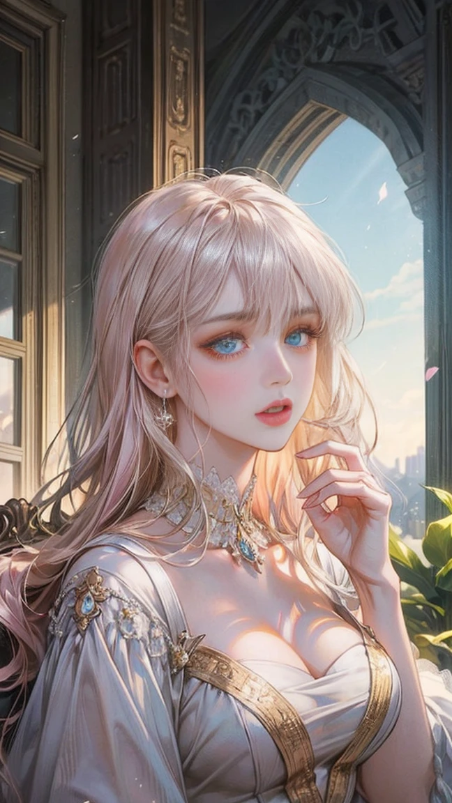 ((best quality)), ((masterpiece)), ((Romance Fantasy)), ((illustration)), (detailed), (clear), 1 woman, 19 years old, beautiful, long pink hair with bangs, Fair and fair skin, Jewel-like blue eyes, Deep double eyelids, abundant eyelashes, pretty lips, pure, A surprised expression, straight ahead, big bust, small waist, A gorgeous white dress, Silver Jewelry, opening a pink book