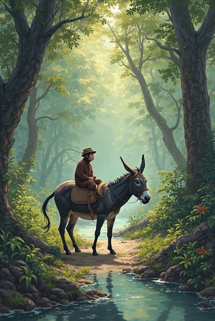 A 15  year boy riding a donkey in olden times