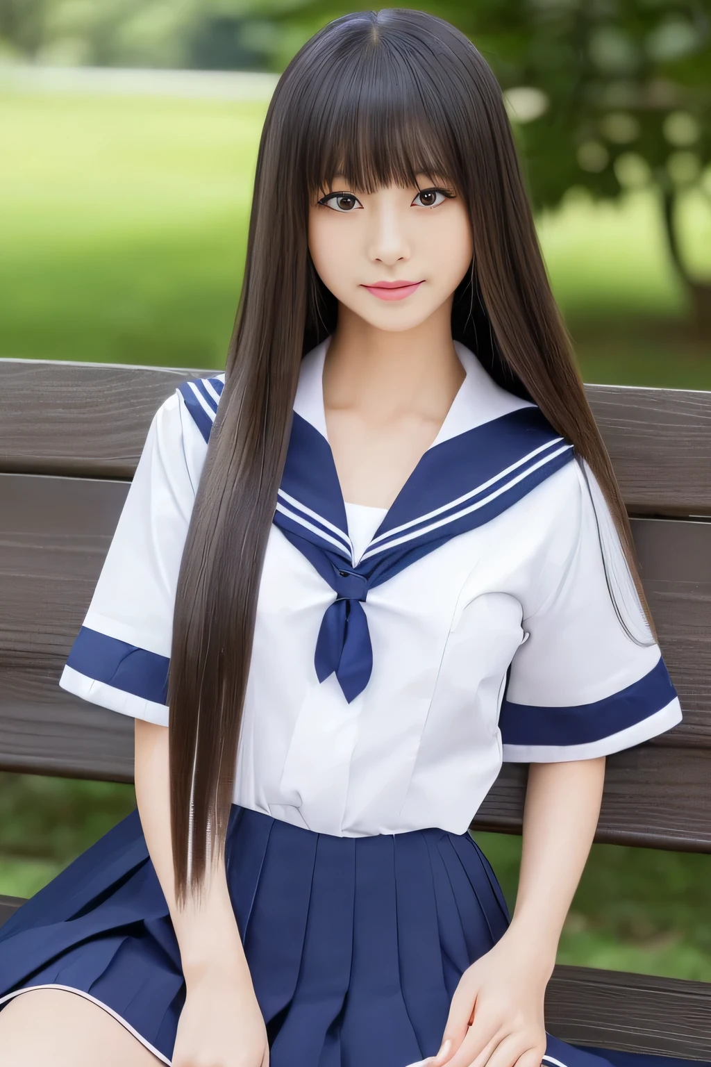(wear Japanese School Uniform, Japanese girls uniform, Japanese , wear, wear , Seifuku, girls in uniform, loose coat collar sailor suit, middle school student, sailor suit, Sexy and cute 顔 , Beautiful middle school student Her sailor suit jacket is white with short sleeves.!!!The skirt is a dark blue mini pleated skirt .The chest ribbon is navy blue .....)(perfectly shot the entire head from the knee)(I photographed a female 1st year middle school student in a spring park)(She is sitting on a park bench with her crotch spread wide in an erotic style)(大きな胸:1.8)(The perfect face of the most erotic Japanese female junior high school 1st grader)(Best Quality)(masterpiece)(Get used to it)(Best Details)(4K)(Healthy wheat-colored erotic makeup:1.2)(Horny and erotic expression:1.5)(perfect erotic face )(patchy double eyelids)(she has Asian eyes )(Cinematic quality)(trimmed eyebrows)(Beautiful black mascara)(Light purple lipstick with sex appeal)((Beautiful bangs that are neatly aligned and naturally lowered at an angle))((Hair drawn in great detail))((the most beautiful black hair with straight hair that extends to the waist))((Very long hair that extends to the waist:1.4))((Detailed shots of the best quality hair!!!!!))(Glossy and beautiful hair!!)((Japan's most beautiful straight hair!!!))(thick and healthy beautiful hair)(Beautiful hair that flutters to the waist)(The most beautiful hair in Japan that extends to the waist!!!!!)(I took it in a park with a beautiful lawn)((Rich 1.4)) (extremely detailed 8K) (Ultra-fine skin texture 1.4) (, vibrant:1.4), sharp concentration:1.2、beautiful woman:1.4 dynamic lighting surrounded by snow (real RAW photos taken by a professional photographer)( A surreal photo by a professional photographer :1.2)((Super long hair with straight hair:1.8))((Super long hair with straight hair:1.8))((Super long hair with straight hair:1.8))((Super long hair with straight hair:1.8))