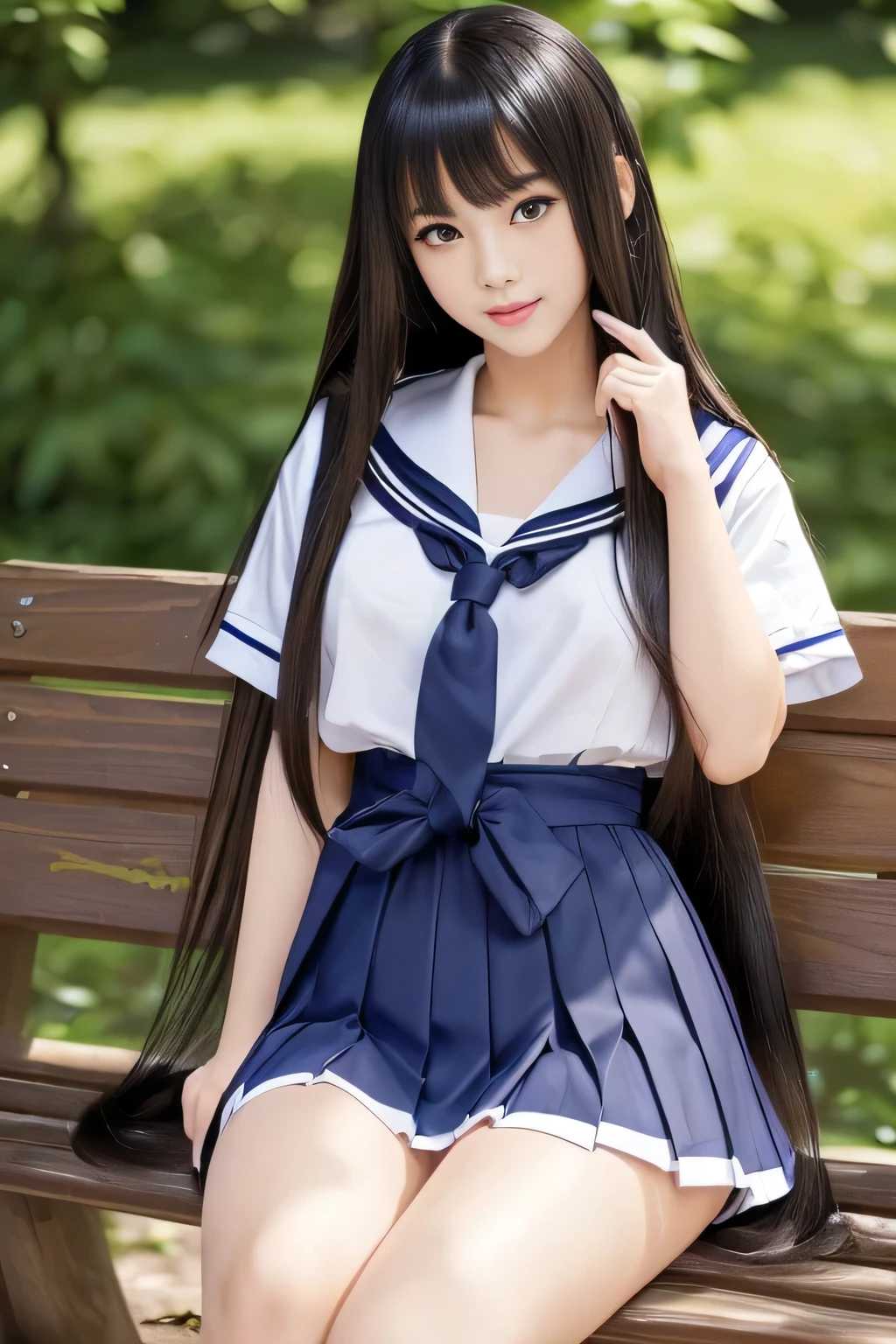 (wear Japanese School Uniform, Japanese girls uniform, Japanese , wear, wear , Seifuku, girls in uniform, loose coat collar sailor suit, middle school student, sailor suit, Sexy and cute 顔 , Beautiful middle school student Her sailor suit jacket is white with short sleeves.!!!The skirt is a dark blue mini pleated skirt .The chest ribbon is navy blue .....)(perfectly shot the entire head from the knee)(I photographed a female 1st year middle school student in a spring park)(She is sitting on a park bench with her crotch spread wide in an erotic style)(大きな胸:1.8)(The perfect face of the most erotic Japanese female junior high school 1st grader)(Best Quality)(masterpiece)(Get used to it)(Best Details)(4K)(Healthy wheat-colored erotic makeup:1.2)(Horny and erotic expression:1.5)(perfect erotic face )(patchy double eyelids)(she has Asian eyes )(Cinematic quality)(trimmed eyebrows)(Beautiful black mascara)(Light purple lipstick with sex appeal)((Beautiful bangs that are neatly aligned and naturally lowered at an angle))((Hair drawn in great detail))((the most beautiful black hair with straight hair that extends to the waist))((Very long hair that extends to the waist:1.4))((Detailed shots of the best quality hair!!!!!))(Glossy and beautiful hair!!)((Japan's most beautiful curly hair!!!))(thick and healthy beautiful hair)(Beautiful hair that flutters to the waist)(The most beautiful hair in Japan that extends to the waist!!!!!)(I took it in a park with a beautiful lawn)((Rich 1.4)) (extremely detailed 8K) (Ultra-fine skin texture 1.4) (, vibrant:1.4), sharp concentration:1.2、beautiful woman:1.4 dynamic lighting surrounded by snow (real RAW photos taken by a professional photographer)( A surreal photo by a professional photographer :1.2)((Super long hair with straight hair:1.8))((Super long hair with straight hair:1.8))((Super long hair with straight hair:1.8))((Super long hair with straight hair:1.8))