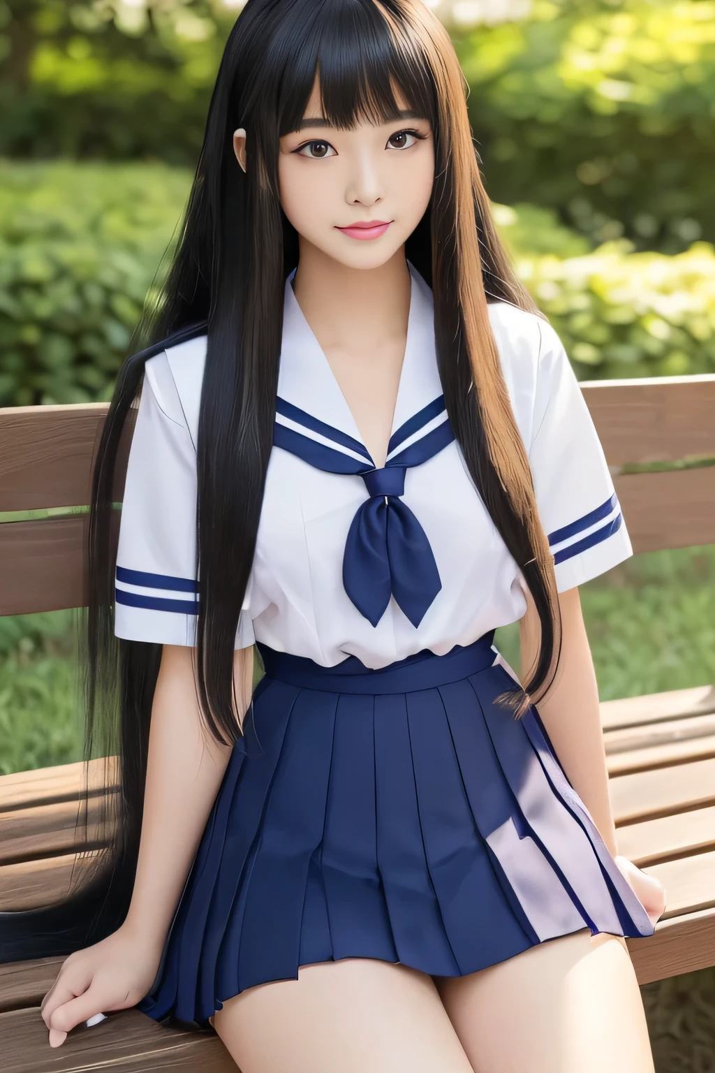 (wear Japanese School Uniform, Japanese girls uniform, Japanese , wear, wear , Seifuku, girls in uniform, loose coat collar sailor suit, middle school student, sailor suit, Sexy and cute 顔 , Beautiful middle school student Her sailor suit jacket is white with short sleeves.!!!The skirt is a dark blue mini pleated skirt .The chest ribbon is navy blue .....)(perfectly shot the entire head from the knee)(I photographed a female 1st year middle school student in a spring park)(She is sitting on a park bench with her crotch spread wide in an erotic style)(大きな胸:1.8)(The perfect face of the most erotic Japanese female junior high school 1st grader)(Best Quality)(masterpiece)(Get used to it)(Best Details)(4K)(Healthy wheat-colored erotic makeup:1.2)(Horny and erotic expression:1.5)(perfect erotic face )(patchy double eyelids)(she has Asian eyes )(Cinematic quality)(trimmed eyebrows)(Beautiful black mascara)(Light purple lipstick with sex appeal)((Beautiful bangs that are neatly aligned and naturally lowered at an angle))((Hair drawn in great detail))((the most beautiful black hair with curly hair that extends to the waist))((Very long hair that extends to the waist:1.4))((Detailed shots of the best quality hair!!!!!))(Glossy and beautiful hair!!)((Japan's most beautiful curly hair!!!))(thick and healthy beautiful hair)(Beautiful hair that flutters to the waist)(The most beautiful hair in Japan that extends to the waist!!!!!)(I took it in a park with a beautiful lawn)((Rich 1.4)) (extremely detailed 8K) (Ultra-fine skin texture 1.4) (, vibrant:1.4), sharp concentration:1.2、beautiful woman:1.4 dynamic lighting surrounded by snow (real RAW photos taken by a professional photographer)( A surreal photo by a professional photographer :1.2)((Super long hair with straight hair:1.8))((Super long hair with straight hair:1.8))((Super long hair with straight hair:1.8))((Super long hair with straight hair:1.8))