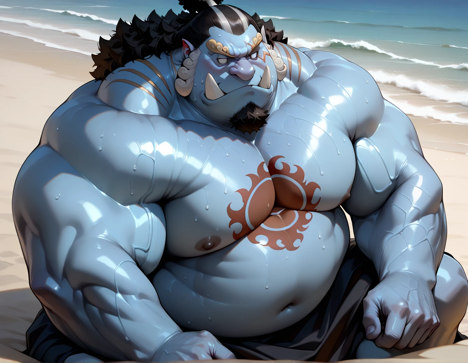 man (jinbei) standing in beach, fat and strong, pectoral