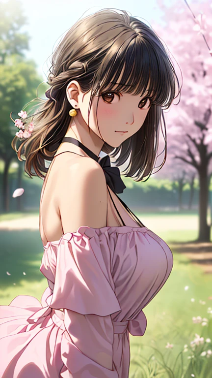 ((Tabletop, Highest quality, High resolution, Hmph, Hmph, Pixel perfect, Depth of written boundary, 4K, Very detailed))), One Girl, single, alone, , ((Long Hair, bangs, Dark brown hair)), ((Green Eyes:1.4, Round eyes, Beautiful eyelashes, Realistic eyes)), ((Detailed face, blush:1.2)), ((Smooth texture:0.75, Realistic texture:0.65, Realistic:1.1, Bright colors)), ((Medium chest, Cleavage:0.9)), Dynamic Angle, Perfect body, ((throw, Dynamic pose, Portraiture)), ((White sweater, Long sleeve, Checked skirt, Fashionable, single Handbag, 1 diamond necklace)), smile, Open your mouth, amusement park, ((Cherry tree, Cherry blossoms fall))、((art:Alfonso Mucha))、(Soaring skirt、Hairy crotch)