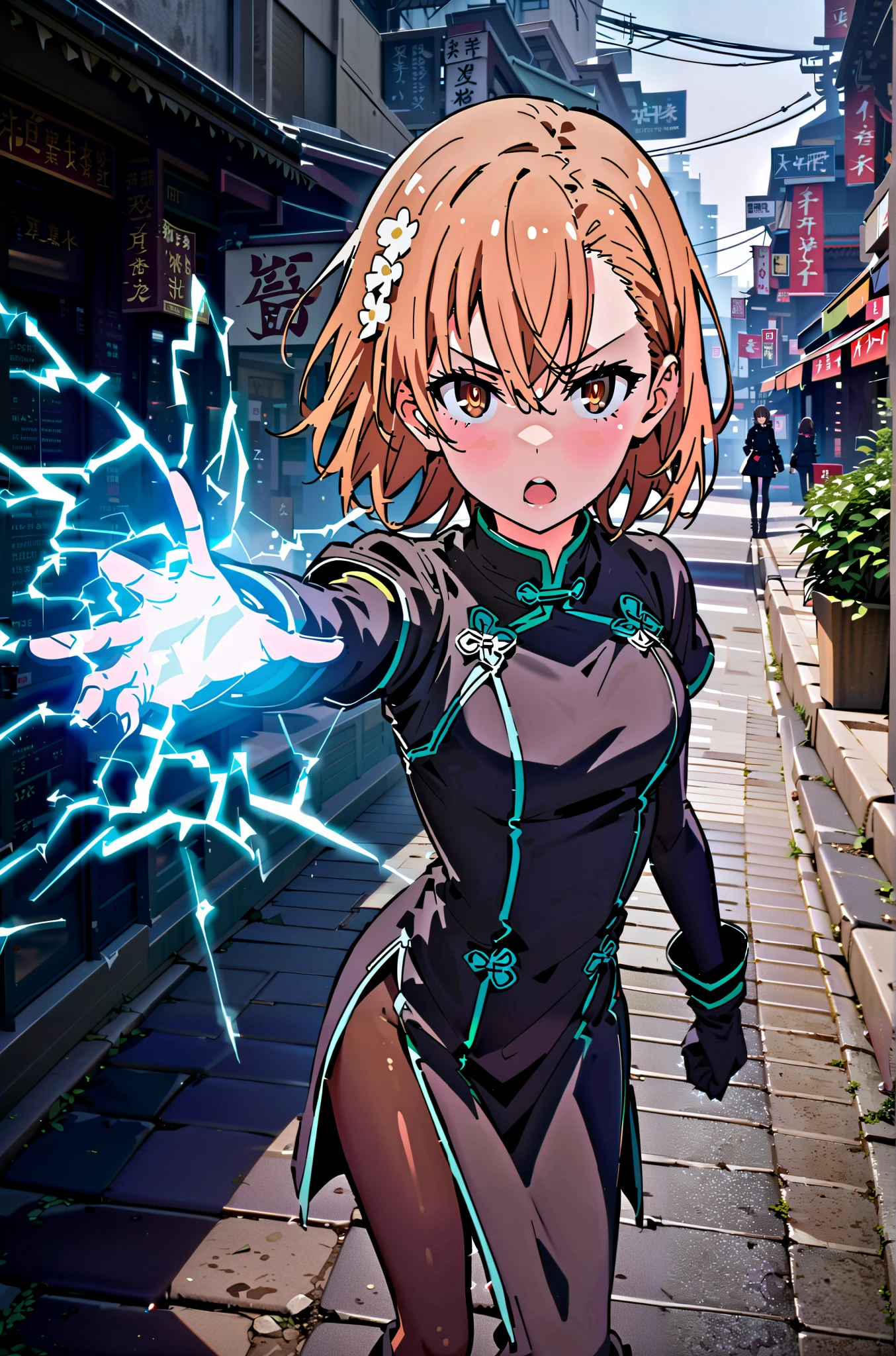 score_9, score_8_up, score_7_up, source_anime,
Mikoto and Misaka, Misaka Mikoto , short hair, black cock, hair ornament, hair flower, brown eyes,serious,open your mouth,electricity ,Superpowers(electricity ity),Electric current is emitted from the body ,cosplay, ,That's right., open your mouth, White Chinese clothing,Long slit,black pantyhose,boots,is standing, combat posture,full bodyがillustrationに入るように,break outdoors, Chinatown,
break looking at viewer,full body,
break (masterpiece:1.2), best quality, high resolution, Unity 8k Wallpaper, (illustration:0.8), (beautiful detailed eyes:1.6), very detailed face, so that it fits into the illustration, extremely detailed CG, (perfect hand, perfect anatomy),