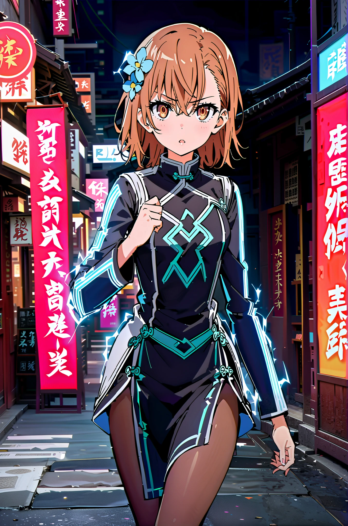 score_9, score_8_up, score_7_up, source_anime,
Mikoto and Misaka, Misaka Mikoto , short hair, black cock, hair ornament, hair flower, brown eyes,serious,open your mouth,electricity ,Superpowers(electricity ity),Electric current is emitted from the body ,cosplay, ,That's right., open your mouth, White Chinese clothing,Long slit,black pantyhose,boots,is standing, combat posture,full bodyがillustrationに入るように,break outdoors, Chinatown,
break looking at viewer,full body,
break (masterpiece:1.2), best quality, high resolution, Unity 8k Wallpaper, (illustration:0.8), (beautiful detailed eyes:1.6), very detailed face, so that it fits into the illustration, extremely detailed CG, (perfect hand, perfect anatomy),