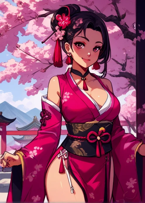 masterpiece, Best quality at best, 1girll, hanabi hyuga, Large breasts, (Off-the-shoulder attire, (cleavage), (upperbody closeup), Raised sexy, smile,with black hair, (Green eyeballs:1.4), Forehead protection, the cherry trees, Cherry blossoms flying, Red clothes sleeveless