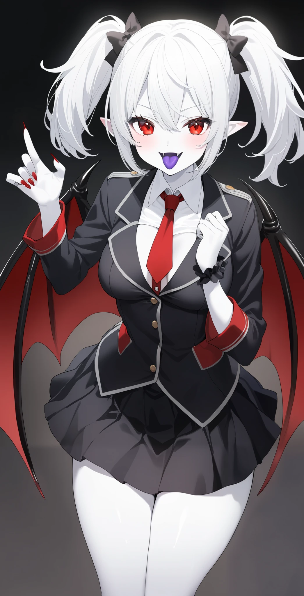 1 girl、red eyes、ふわふわshort twin tails、 has sharp fangs 、vampire、vampire化女子、high school student、真っ白なpale skin、pure white hair、uniform pose、 wearing a skirt、wearing a shirt、There are two buttons around the wrist of the uniform、 160〜Over 170 cm、vampire学園の生徒、Red nails、 Slightly Sharp Nails 、slightly larger breasts、pale skin、Pale white skin、 Smooth Hair 、It's hot face、vampireの瞳、Big body、pure white hairの毛、Five fingers、pure white hair、The stars are shining in my eyes、short twin tails、Sharp and sharp nails 、five fingers、bat wings growing from the spine、Red nails、slightly larger breasts、Slightly larger body 、Purple tongue、slightly pointed ears