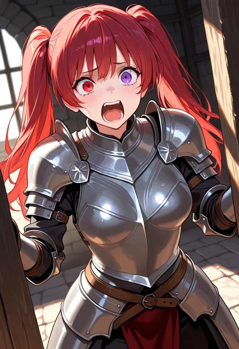 1 mature female,17 age,((Broken Paladin Armor)),((all-fours)),Dynamic Pose,Dynamic Angle,((1 boy:Grabbing a woman's waist)),(One guy),((SEX)),((doggy style)),((Doggy sex)),A detailed face,Beautiful expression,beautidful eyes,is crying,motion blur,(wet skin and hair:1.2),(Sweaty body:1.2)、(blush:1.22)、(Heart-shaped eyes:1.37)、(Heart shaped pupils:1.27),(Heart shaped pupils:1.29),(heart on eyes:1.39)、(droolng:1.2)、orange hair, side ponytail, wavy hair, forehead, Maid headband, red eyes