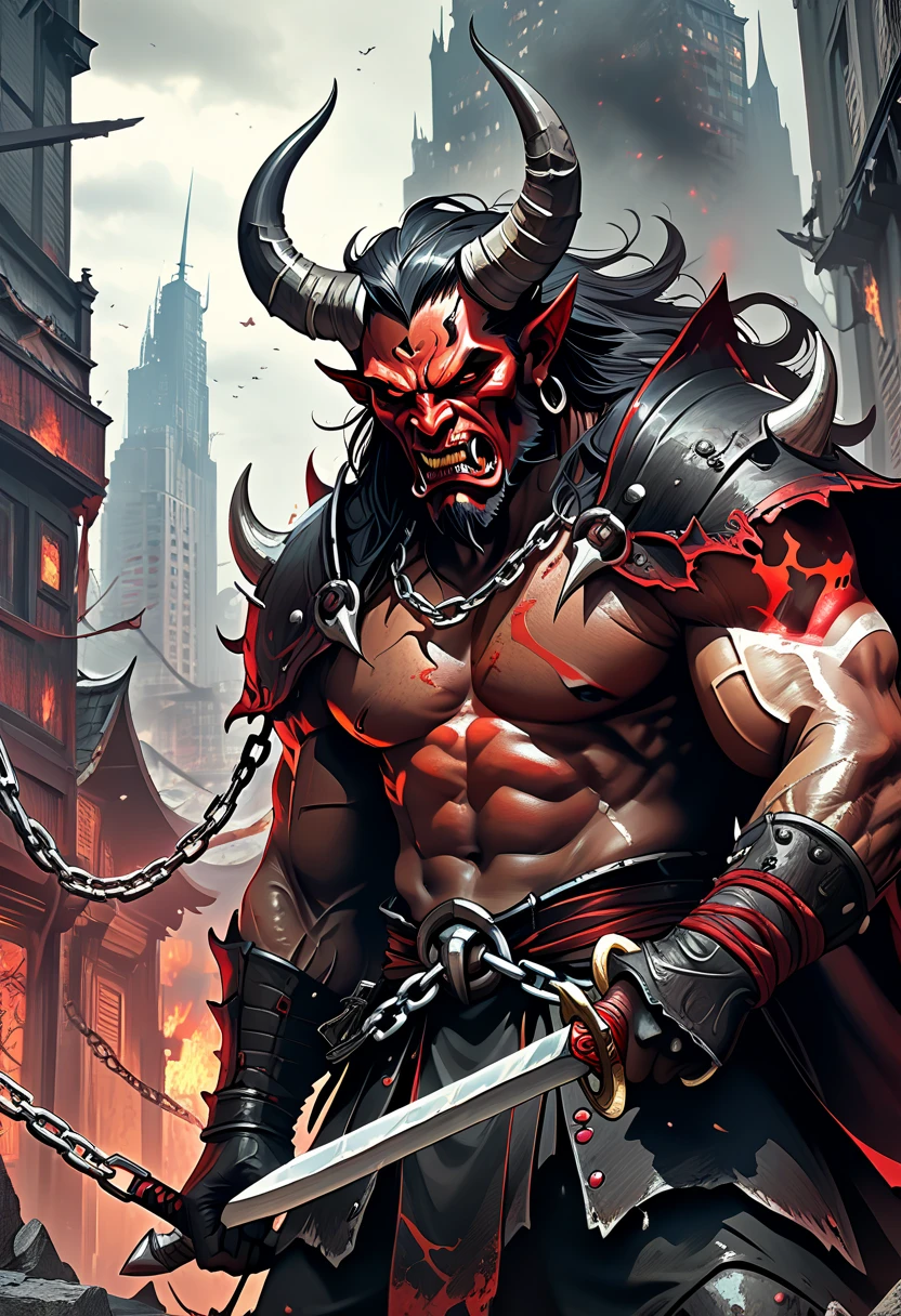 Imagine a detailed illustration of Hellboy in full confrontation with a horde of infernal creatures. His appearance should reflect his iconic demon appearance with horns, a tail, and an oversized hand. The setting is a dark and sinister alley, illuminated only by the glow of the flames and the eyes of the creatures. The atmosphere should be intense and action-packed. Use a dark color palette with red and orange tones to highlight his figure. The image quality must be high definition (8K).