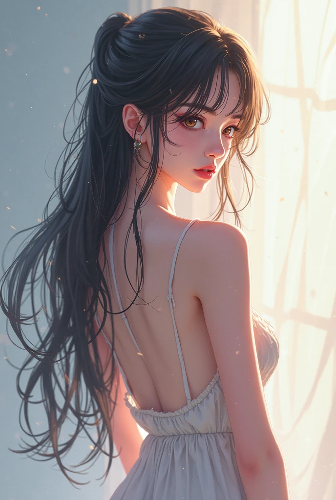 (top-quality),(​masterpiece), (超A high resolution), (photographrealistic), (A Japanese Lady), (Bathing), (Look at viewers), (flat chest),(Black hair),(wide-hips), (Thick eyebrows), (Red Lip), eyeshadows、Wet clothes、Wet hair