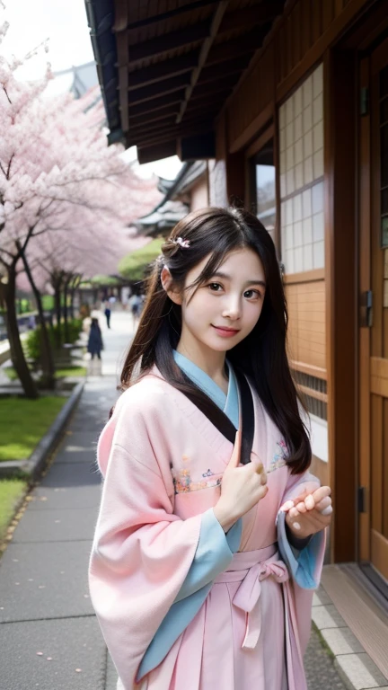 One girl, Portraiture, Watching the audience, smile, Japan, Tokyo, Cherry Blossom, Octane Rendering, alone,