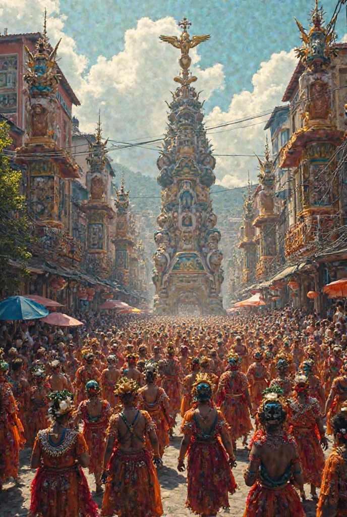 fantastic allegorical carnival float, highly detailed, intricate design, vibrant colors, elaborate costumes, festive atmosphere, ornate decorations, whimsical characters, dynamic motion, stunning visual spectacle, cinematic lighting, dramatic shadows, photorealistic, masterpiece, 8k, hyperrealistic