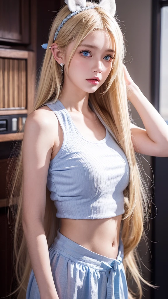 Best Pixels、Highest quality、Highest quality、One Woman、Young Japanese Woman、20th Generation、Long Hair、blonde、blonde、summer、mini skirt、Tight Skirt、Sexy pose、Beautiful round eyes、smile、beauty、Large Breasts、Brushing your hair、Beautiful legs、Sit and open your legs、I can see your panties