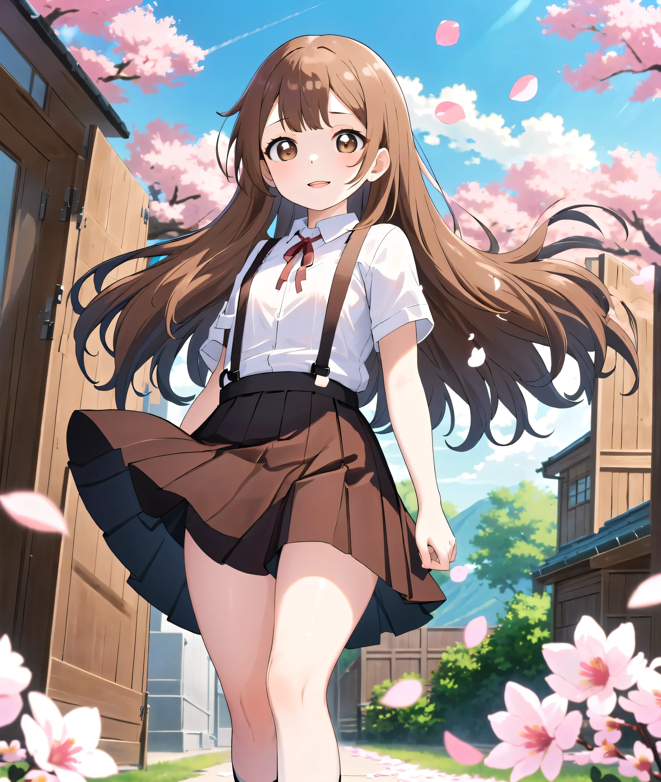 1girl, solo, cute girl, 7yo, (elementary school girls), (school uniform, white shirt, red ribbon), (brown mini skirt, suspenders:1.4), ((cute mini skirt)), beautiful, cute, Moe, clear, ((short stature:1.6)), cute breasts, detailed beautiful eyes, delicate skin, (beautiful light brown long hair), (Shiny brown hair, beautiful long hair), (Beautiful brown eye detailed, Beautiful clean skin, High quality face, Detailed lips, very fine grain), facing viewer, looking at viewer, polite, laugh happily,
BREAK (Best Quality, 8k, masterpiece:1.3), ultra high resolution, ultra High Definition, Super detailed, ultra-detailed, detailed skin, absurdres, digital art,
BREAK (standing, whole body), (cowboy shot), (dynamic angle), ((from diagonally below:1.4)), (outdoors, cherry blossoms, flower, grass, street), (wind:1.52), (petals:1.66)