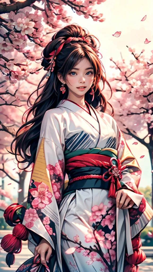 cherry blossoms, blurry background, falling petals, tree, outdoors, Let your hair down, Hair is black, bungs, Red Eyes, ((masterpiece:1.2)),  ((best quality:1.2)), very detailed, shape, one girl, alone, high resolution, realistic, super high resolution, (Original shape composition), (limited edition color fusion,Maximalism Art Style, Kimono Fashion, Beautiful Weeping Cherry Blossoms、Cherry blossom background, light pink background, BREAK, (glint:1.8), Looking at the camera,(((Highest quality, 8k, masterpiece))), Sharp focus, (Beautiful woman with perfect figure),    