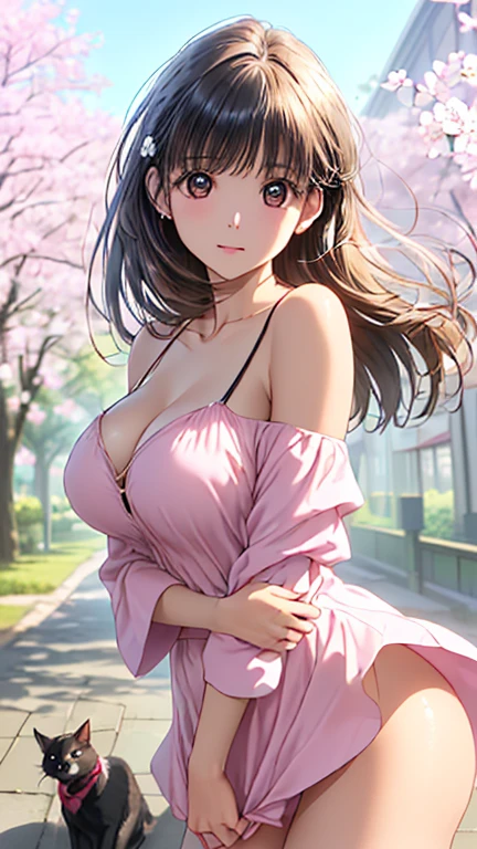 (top-quality、masterpiece、very high res、An ultra-high picture quality、High quality pixels)、(She is a mysterious and bewitching woman, And she is 18 years old,1 person,Single,独奏:1.5)、(She is a very beautiful woman with a beautiful face)、(Beautiful face written in detail,Beautiful body,Strong-willed eyes,Purple eyes,beautiful colored hair,Beautiful skin texture)、(Beautiful hair quality,Variety of hairstyles)、(She has a slender figure and her breasts are D cups)、(Bewitching look,Lovely smile,Smile, Open mouth,),(Wearing a long sleeve sweater,a miniskirt,1 necklace,shoulders are exposed),(A path lined with flourishing cherry blossom trees,The cherry tree),(model poses,modelshoot,Magazine shooting,Hair flutters under the influence of the wind),The wind is blowing、Beautiful Art Style, an animated character、(The whole picture、Detailed picture、accurate anatomy、Defect-free images、extremely detailed picture、Accurate images、Perfect Image 1.5)、(Best Shot Photo 1.2)