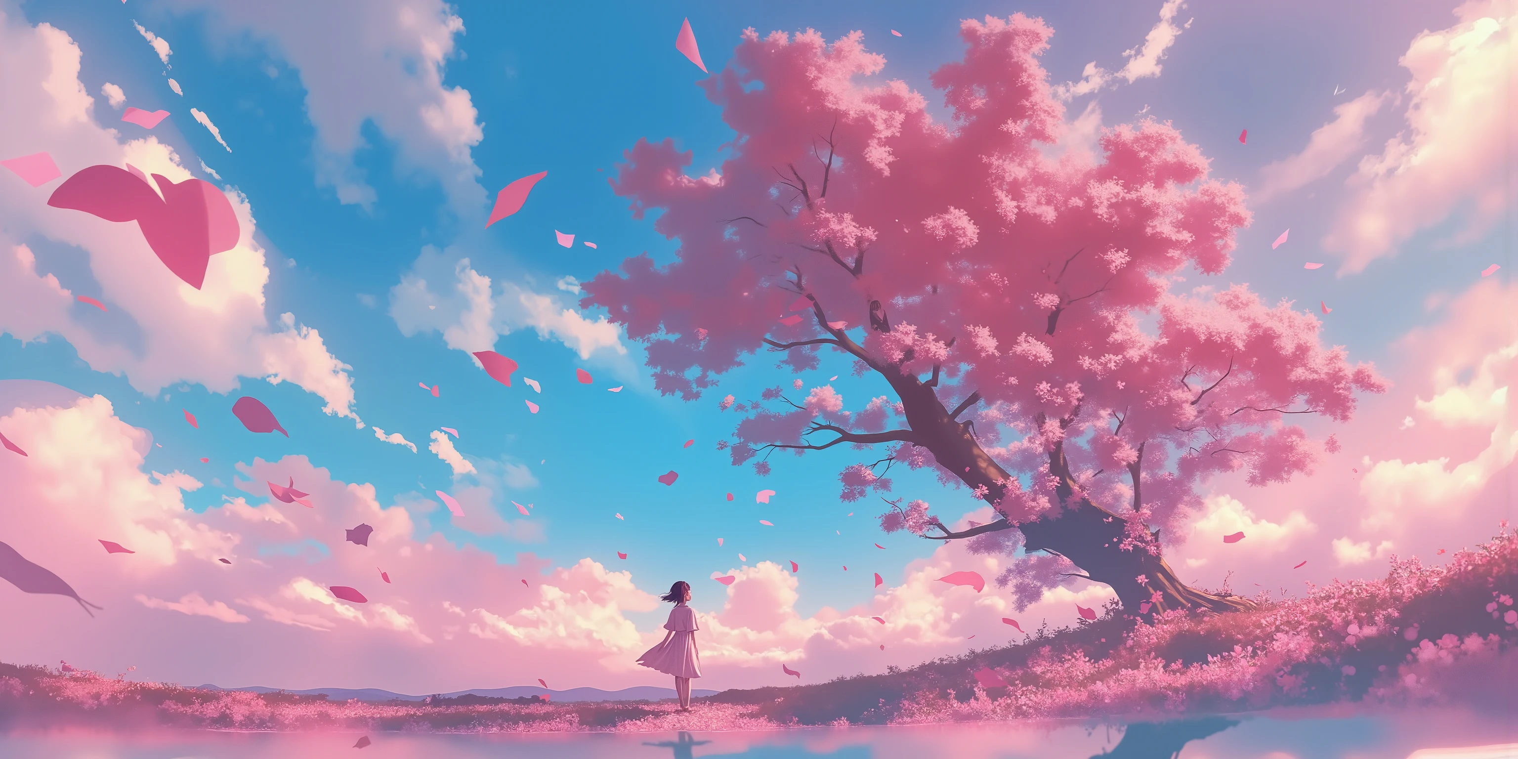 A young woman, likely Asian, with shoulder-length dark hair, stands in a field of pink flowers, gazing at a large, blossoming cherry blossom tree. She wears a light-colored, flowing dress that billows gently in the wind. Her posture is relaxed and contemplative, standing slightly off-center to the left side of the image. Her expression is serene and introspective. She is positioned at the mid-ground, looking upward and slightly to the right. The scene is a serene, stylized landscape with a pastel pink and blue color palette. The sky is a mixture of soft pink and light blue clouds. Numerous pink cherry blossoms drift gently through the air, adding to the dreamy atmosphere. A large, vibrant pink cherry blossom tree dominates the mid-ground and right-center of the image. The overall style is artistic, anime-influenced, with soft lighting and a focus on color gradients, creating a romantic and peaceful atmosphere. The composition is balanced and emphasizes the emotional connection between the character and the natural surroundings. A tranquil lake, reflecting the colors of the sky and clouds, is in the bottom of the image. The perspective is from a slightly elevated viewpoint, giving a broader view of the landscape.