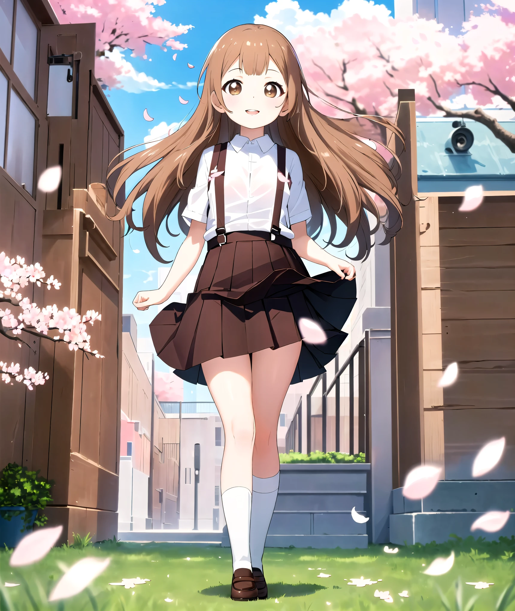 1girl, solo, cute girl, 7yo, (elementary school girls), (school uniform, white shirt, red ribbon), (brown mini skirt, suspenders:1.4), ((cute mini skirt)), beautiful, cute, Moe, clear, ((short stature:1.6)), cute breasts, detailed beautiful eyes, delicate skin, (beautiful light brown long hair), (Shiny brown hair, beautiful long hair), (Beautiful brown eye detailed, Beautiful clean skin, High quality face, Detailed lips, very fine grain), smile, facing viewer, looking at viewer, polite, laugh happily, 
BREAK  (Best Quality, 8k, masterpiece:1.3), ultra high resolution, ultra High Definition, Super detailed, ultra-detailed, detailed skin, absurdres, digital art,
BREAK  (standing, whole body), (cowboy shot), (dynamic angle), ((from diagonally below:1.4)), (outdoors, school, cherry blossoms, flower, grass, street), (wind:1.6), (petals:1.7)