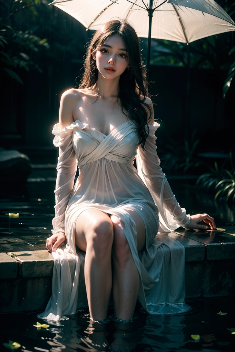 Masterpiece, otherworldly beauty, Surreal, Into the woods, 8K high resolution, smooth, Sharp focus, illustration, 64k, Ultra detailed, ultra-precise detail, bokeh lighting, Intricate, Epic,Above the legs,Long legs,Large breasts,barechested,Looming skin,Delicate,