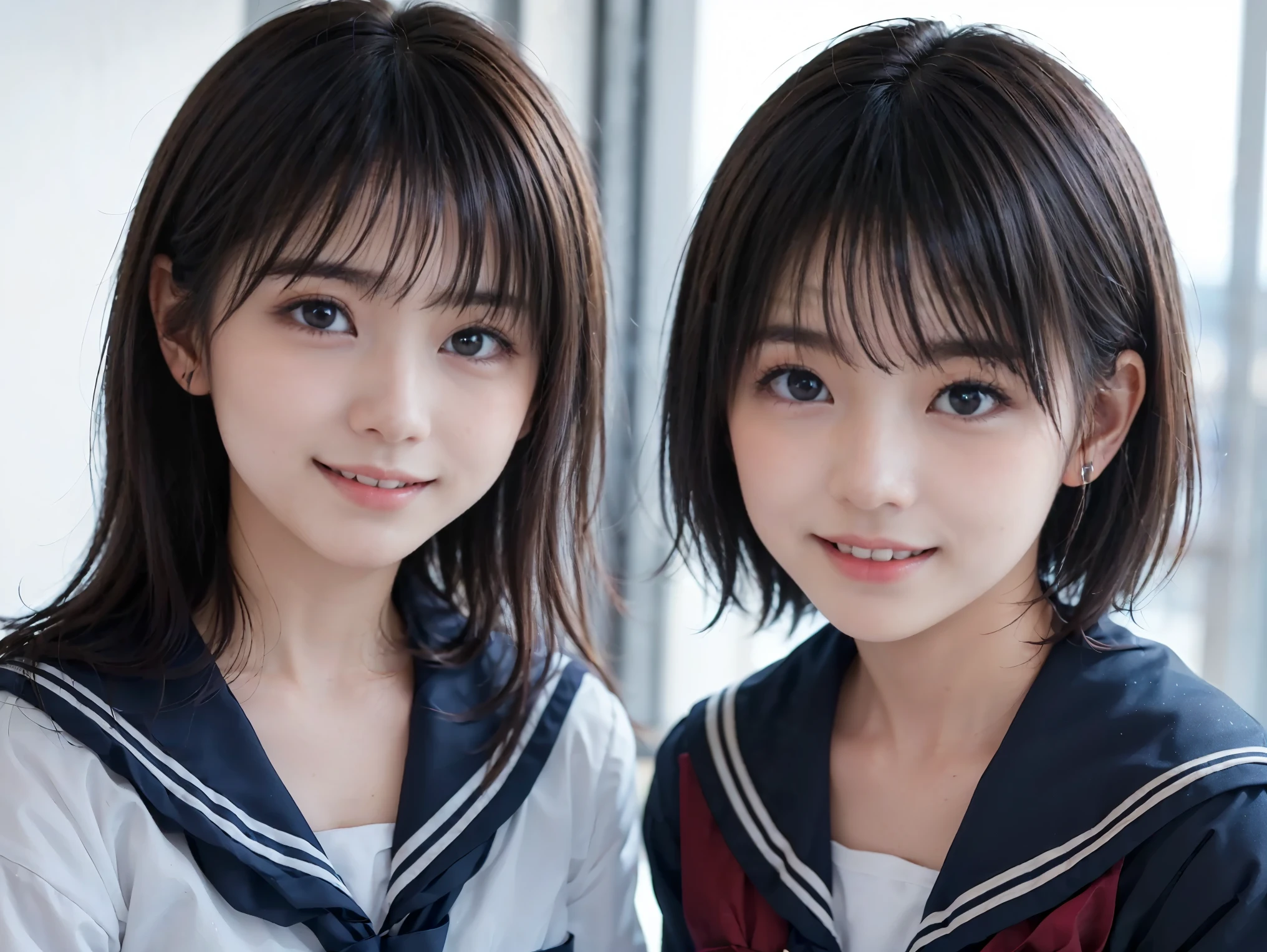((Two girls standing side by side)), ((sailor suit)), (two girls), (((The girl on the left has large breasts, The girl on the right has small breasts:1.4, The girl on the left has short hair, The girl on the right has long hair, The girl on the left has a cool expression, the girl on the right has a cute expression))), ((pale skin:1.3)), (smile, baby face:1.3), sunset lighting, classroom, classmate, (best quality), realistic, (live-action, complicated details), Natural Skin Texture