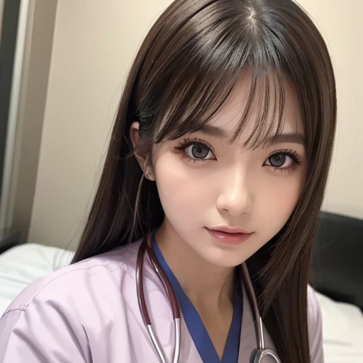highest quality, Detailed workmanship、high resolution、(8K, High resolution:1.2)、raw photo, photorealistic、slender body shape、high definition face、Face is in focus、high definition eyes、(Focused, symmetrical pupils:1.2)、High-definition and beautiful skin、firm skin、natural makeup、gross lip, High-definition hair texture、masterpiece、japanese woman、nurse、nurse、17 years old、very cute, very short hair break (White nursing uniform、白いnurseの制服:1.3) break (lying face up on bed:1.3)、(hugging own chest:1.3), (on the hospital bed:1.2)、(very embarrassed:1.3), (blush:1.3), (Sad face、scared face:1.3)、wet eye:1.2, shy look、Staring at the camera、(color々Easy shooting angle:1.3)、medium breast, nsfw, cleavage