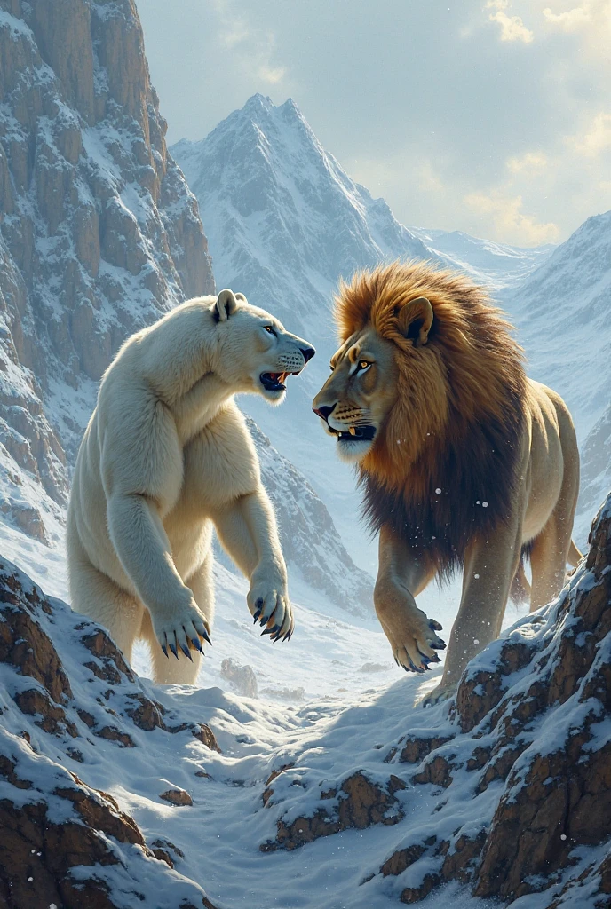 Polar bear and lion in mountains side,hyper realistic photo - SeaArt AI
