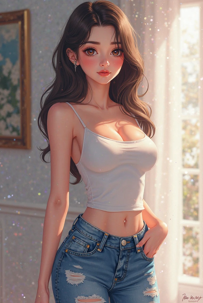((Best quality, 8k, Masterpiece :1.3)), 1girl, Pretty woman with emphasizing slender abs :1.3, (random hairstyles, Huge breasts :1.2), Casual outfit :1.2, Indoor, Ultra-detailed face, Detailed eyes, Double eyelid