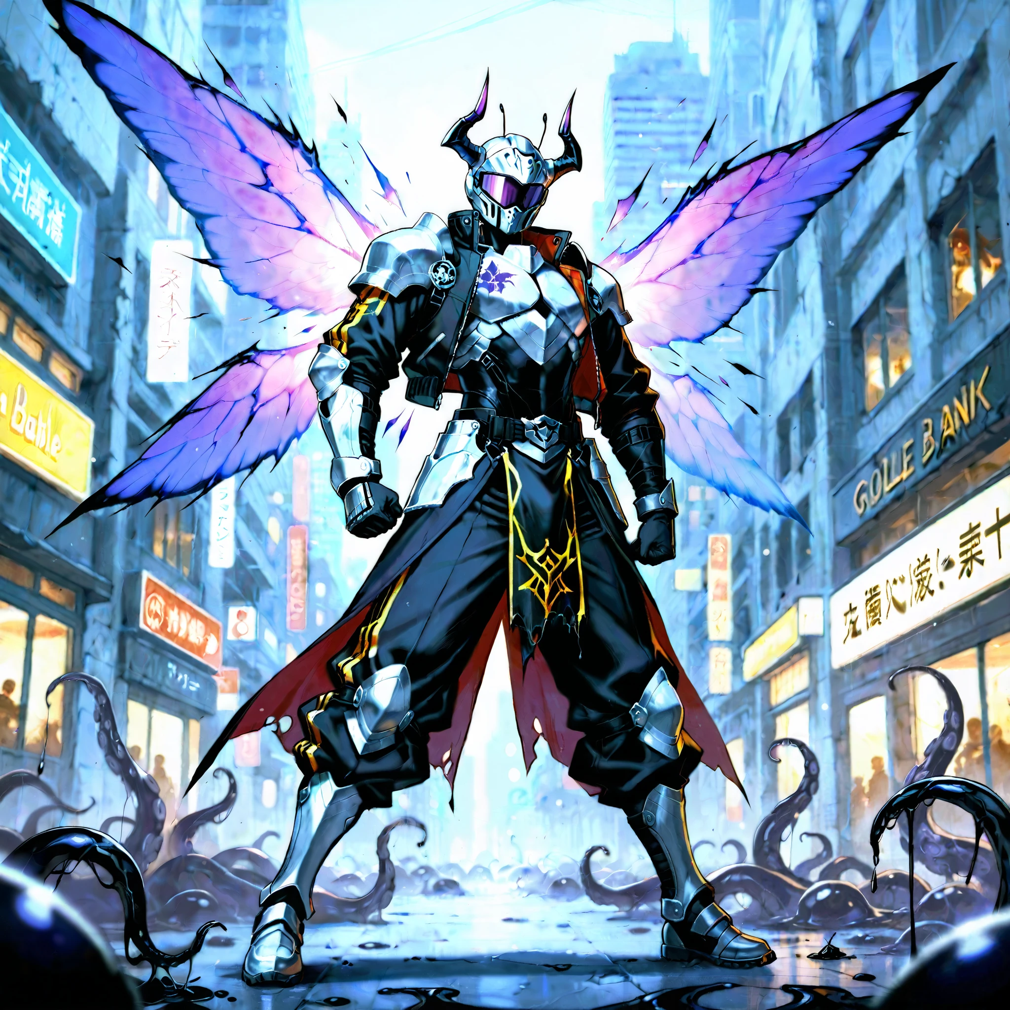 Anime,Solo,Thin Male, Standing at the center of a destroyed and ruined battle scene in a city bank , Beetle inspired golden age hero costume , Symbol Suit, Black Rhino Beetle Horn Antennae , Black Bodysuit , White armored pieces that form a beetle symbol , Black Baggy Jacket , Baggy Pants, Large White Silver Combat helment with a dark purple Visor, Combat boots and gloves , Detailed Generation , Masterpiece Quality , Unique Clothing Style , Triumphant action pose , Wings made of black slime tentacles, Black Slime leaking from suit