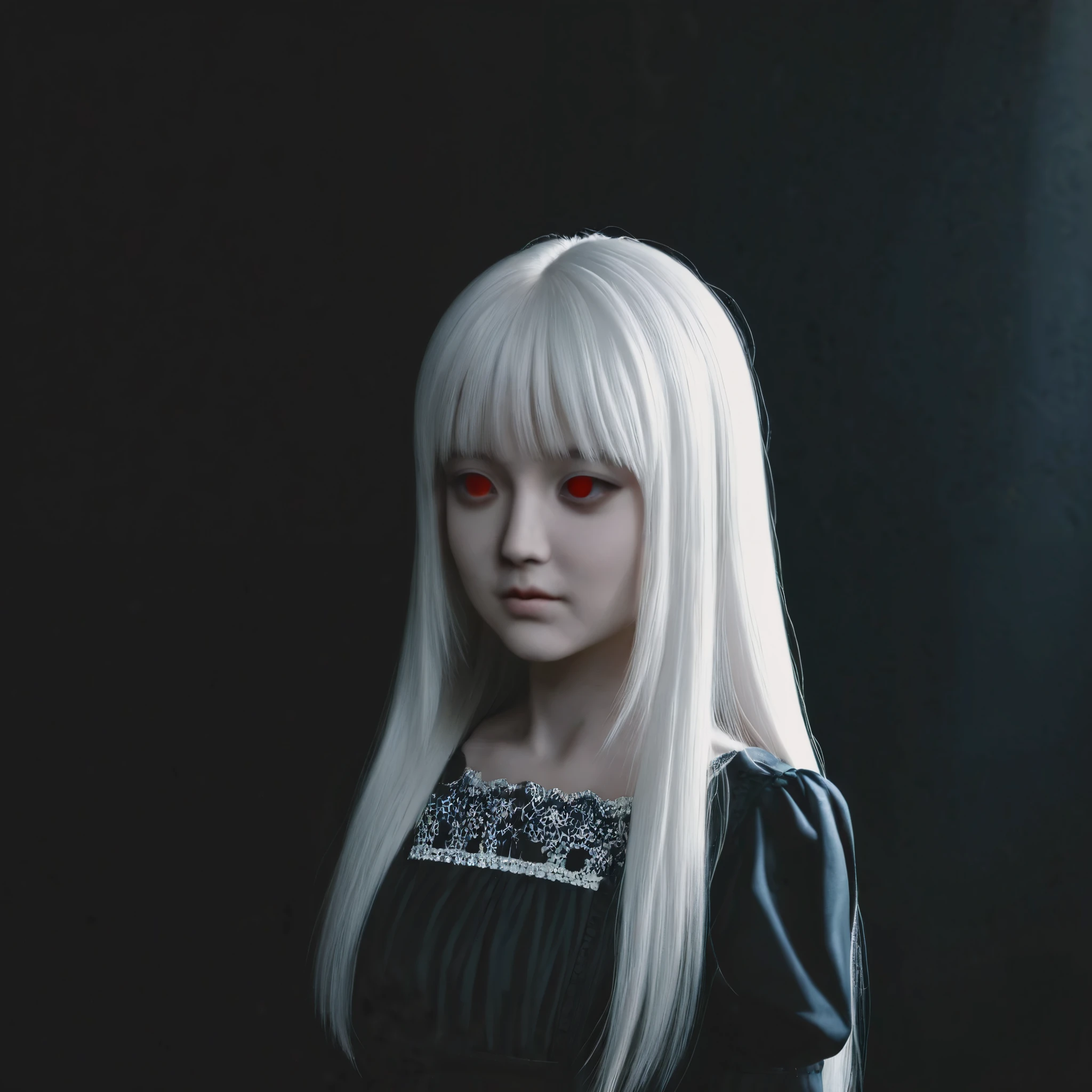 woman, white hair, long straight hair with bangs, red eyes, black dress, victorian dress, no accessories, empty eyes, no expression, no smile, dark background, dark atmosphere, dark light, no light, anime super realistic, details picture, full HD picture, cute, japanese girl, round cheeks