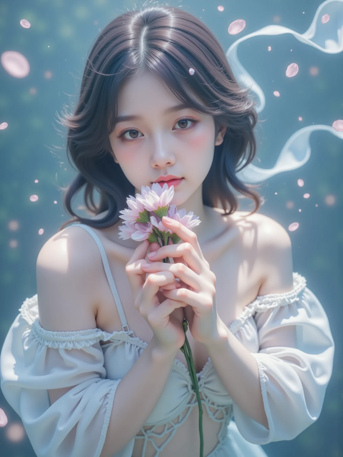 There is a girl sitting on a table full of bubbles、In a room with a window, Pictures inspired by Yanjun Cheng, Douban, concept-art, Shot with Canon EOA 6 D Mark II, airbubble, elegant bubbles, foamy landscape, Ethereal and dreamy, Soft portrait shooting 8 K, Nam Jae-yeon, Dreamy and ethereal, soap bubble mind, fizzy