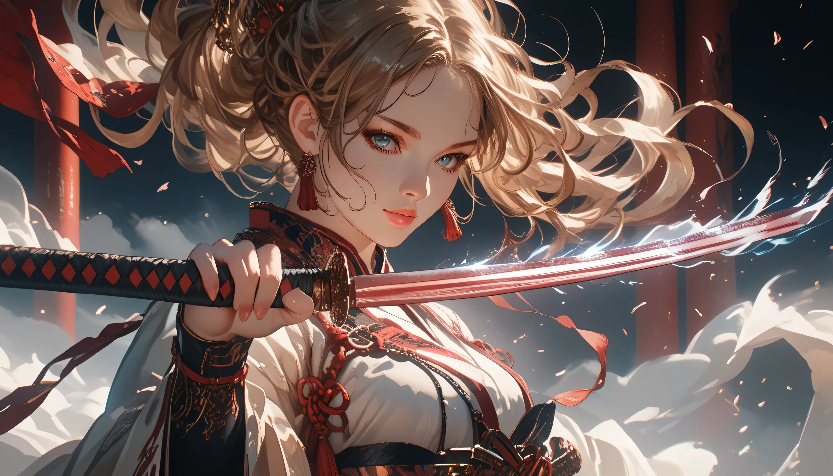 anime beautiful girl,with a katana in hand,bright colors,maximum details,long hair,fluttering in the wind,dark atmosphere,Feel the Power,Image of the Ancient Warrior,Beautiful Appearance,ultra detail,top quality,8k wallpaper