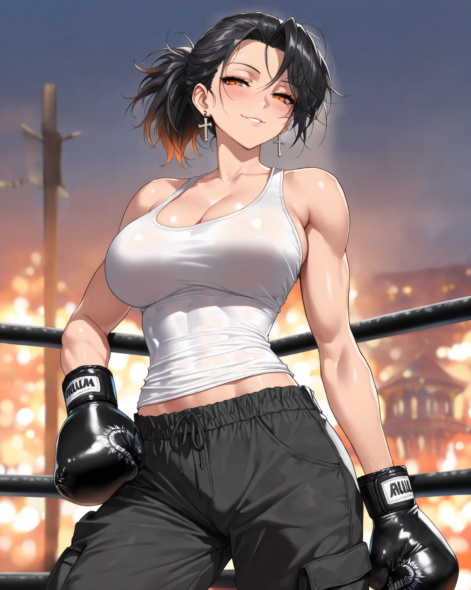 ((((masterpiece, best quality, high resolution)))), Extremely detailed 8K, 1 female, wearing a white Karate gi, (ahegao),white eyes, Small breasts, sash, japanese clothes, No underwear,No eyeballs, Facing the audience, looking at the audience, tired, from below, (Exposed armpit:1.1), ((armpit:1.2)), sexy, Sweating, More and more sweat,(ahegao), (Roll your eyes), open mouth, Sticking out tongue, saliva, Slobber,Skinny, raise arms, (arms above head:1.5)(Ultra HD, Ultra-detailed, Highly detailed, Highly realistic, Ultra-realistic, photograph realistic), (1girl:1.5), (Realistic black hair), (dynamic poses), facing at camera, looking at viewer, (slightly serious face), (perky breasts:1.2), (beautiful detailed face, beautiful detailed eyes), ((worn out karate gi)), (preparing for a fight), sweat, glow, (sunbeam, sunlight), ((cowboy shot)), inside a training gym, seductive, EnvyBetterHands LoCon,