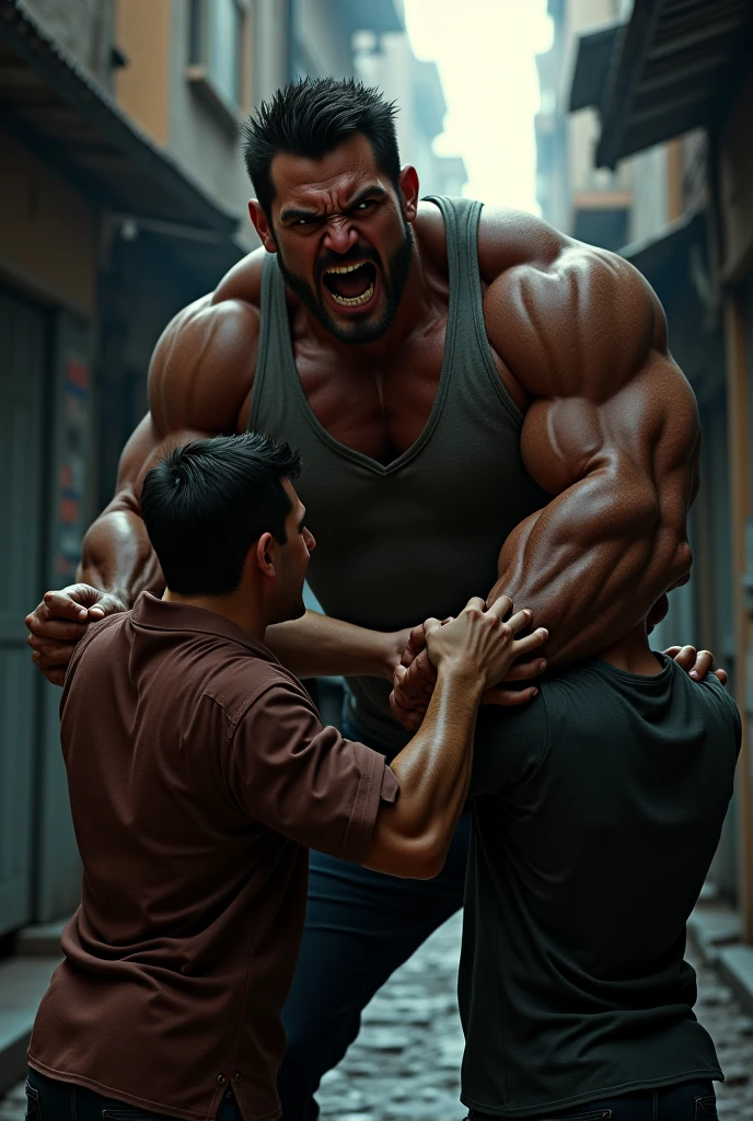 A weak man apologizes to a well built muscular guy and running away. Indian guy. Begs for hos mercy