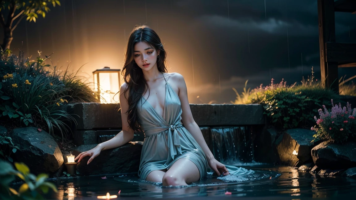 (32k:1.5, Highest quality, masterpiece, Ultra-high resolution), Professional camera work:1.6, Highly detailed skin and face textures:1.3, Captivating portrait:1.2, Very accurate, Very detailed, 1 adult female, ((Amazing night view from the rooftop:1.4, The moonlight at night illuminates my body)), (Satin Nightgown:0.7), Incredibly slim body, Sensual sitting position, sense of loss, Sadness, Expressions of sadness, (Big eyes that exude beautiful eroticism:0.4, Small face, A dreamy look:1.0, I love you with all my heart:0.8, Open your mouth a little, lipstick, Feel the beautiful eroticism:0.9), (Wet dark brown medium length hair), Candles, The chest is medium, Earrings, necklace, bracelet, (romantic, mysterious), Fair skin, elegant, Object of admiration, original, dramatic, Artistic, Innovative, Charm, Heartful, Fancy, sense of openness, sense of cleanliness, Special, exciting, Extreme, Tilt, ((Adult charm, Feminine charm, Hair blowing in the wind)