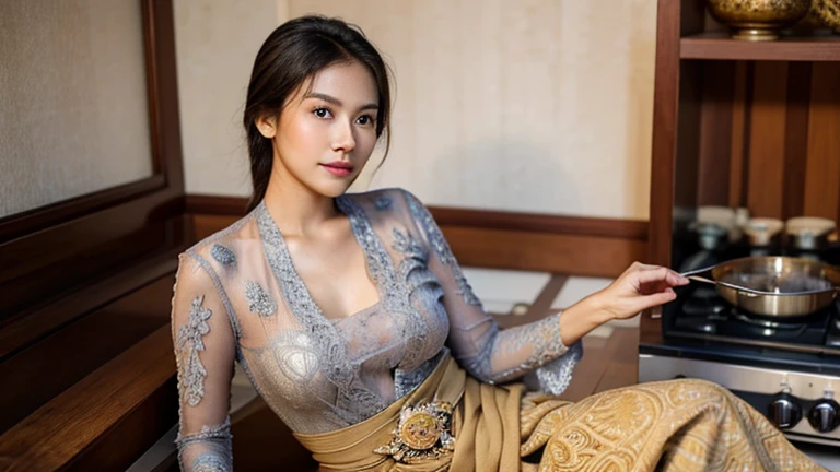 Create a realistic, UHD, 8K visual of a young korean woman with an pear body shape standing elegantly in a beautifully decorated room. She is wearing traditional Indonesian attire, consisting of a white lace fitted kebaya with v deeps cuts showing her bare larged-size chest, a batik sarong with intricate patterns, and a brown scarf draped over her shoulders. Her long hair cascades over her shoulders, and she wears a delicate smile, exuding grace and poise. The background includes a round mirror with wooden accents, a green door, and a painting of a man in traditional attire. There are also indoor plants adding a touch of greenery to the room, and the yellow tiled floor complements the warm and inviting atmosphere. Describe the setting, her attire, and the cultural significance of her clothing and surroundings
