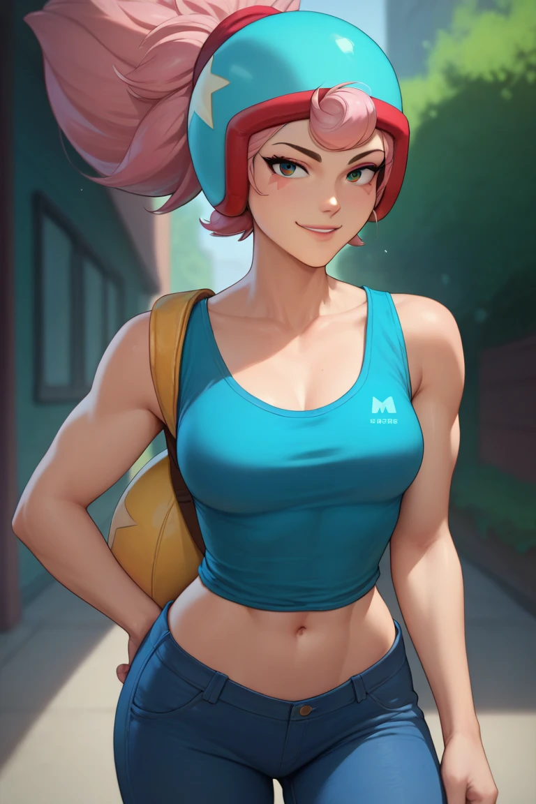woman, cropped-fc, cleavage, sports bra, detailed face, colorful clothing, park, sky, trees