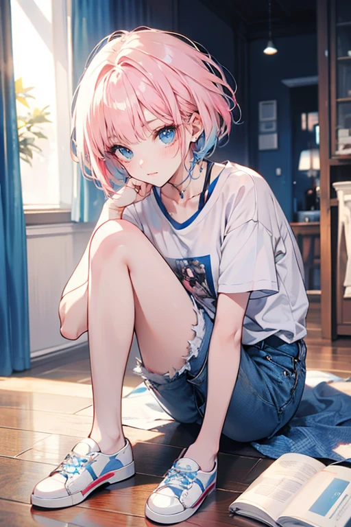 Disney Pixar style, cute girl with short pink hair with bangs, wearing white shirt and pink shorts, looking away, sitting on the sofa, tv, top view, realistc, 8k
