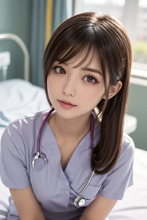 (photo realistic:1.4), (hyper realistic:1.4), (realistic:1.3), (smoother lighting:1.05), (Improve the quality of cinematic lighting:0.9)、natural light、professional photos, realistic portrait,(1 female), medium hair, wonderful face and eyes, very cute face, smile, energy, vitality, (real short nurse uniform:1.2), light pink, white, (Nurse uniform with open chest:1.4), (hospital room), Stethoscope, White Wallpaper, sexy portrait of girl, (view from below:1.2)