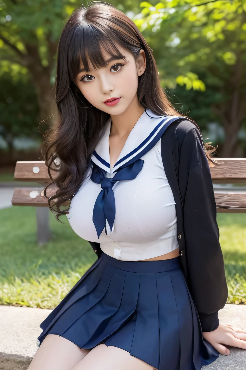 (highest quality:1.4), (hyper quality), (Super detailedな), 1 beautiful girl, So cute, wonderful face and eyes, Not aware of this, (Short-sleeved sailor uniform made of white and thin fabric, gray pleated micro mini skirt:1.5), (Beautiful and incredibly big breasts:1.3), (slender body:1.1), (skinny thin legs), (Very thin waist), belly button, realistic skin texture, bangs:1.3, bright and glossy lips, Beautiful goddess descends, beautiful background, golden ratio, conceptual art, Super detailed, Accurate, advanced details, outdoors, sexy art, Surrounded by the summer sunshine, bright light, Super delicate illustration details, 8K wallpaper that integrates high-definition CG, RAW photo, professional photos, cinematic lighting, written boundary depth, (No bra in uniform:1.2), (You can see the shape of the nipple protrusions through the uniform.:1.2), (The nipple protrusions lift the uniform), (Her big breasts make her uniform stretch out:1.2), I'm massaging my chest and getting stuffy, Cropped tops with fluttering hems:1.3, underboob:1.3, (High heels on bare feet)