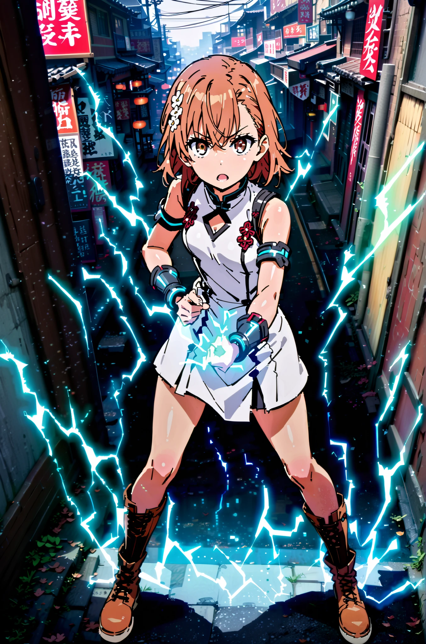 Mikoto and Misaka, Misaka Mikoto , short hair, black cock, hair ornament, hair flower, brown eyes,serious,open your mouth,electricity ,Superpowers(electricity ity),Electric current is emitted from the body ,cosplay, ,That's right., open your mouth, White Chinese clothing,Long slit,black pantyhose,boots,is standing, combat posture,full bodyがillustrationに入るように,break outdoors, Chinatown,
break looking at viewer,full body,
break (masterpiece:1.2), best quality, high resolution, Unity 8k Wallpaper, (illustration:0.8), (beautiful detailed eyes:1.6), very detailed face, so that it fits into the illustration, extremely detailed CG, (perfect hand, perfect anatomy),