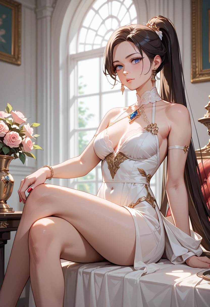 (masterpiece, best quality:1.2), long dress, diamond_bra,long hair,black hair,,medium breasts,in a botanical garden