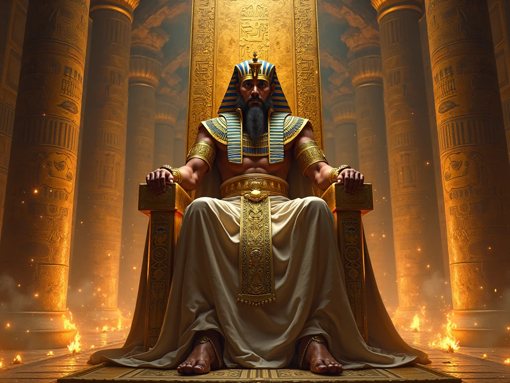Visualize a Black Pharaoh sitting on the throne, in all its royal splendor. It sits on an ornate throne, made of solid wood and covered with finely embroidered silk fabric. The throne is decorated with symbols and hieroglyphics that represent the authority and power of the pharaoh. The Black Pharaoh is elegantly dressed in royal garb, wearing a luxurious crown and a fake beard, symbols of his royalty. His posture is majestic, with his back straight and his arms resting on the rests of the throne. He emanates an aura of serenity and wisdom as he watches his kingdom with watchful eyes. Around the throne, there are courtiers and priests paying homage, bowing in reverence to their ruler. The scene reflects the powerful dominance and undisputed authority of the Black Pharaoh in ancient Egypt.absurd resolution,ultra hd, 8k --auto --s2