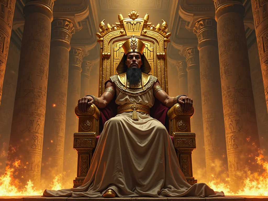 Scenario: Draw a throne with ancient details. Place King Hammurabi on the throne.
King Hammurabi: Draw Hammurabi with a crown and traditional Babylonian clothes. He must be holding a large stele.
Wake: Show the stele with inscriptions in the form of lines or symbols representing the laws.
King Speech Bubble: Draw a speech bubble coming out of the king's mouth with the text: “This is my Code of Laws, covering everything from family to commerce!” King’s Thought Bubble: Add a thought bubble above the king's head with the text: “I hope this solves all the city’s problems!”