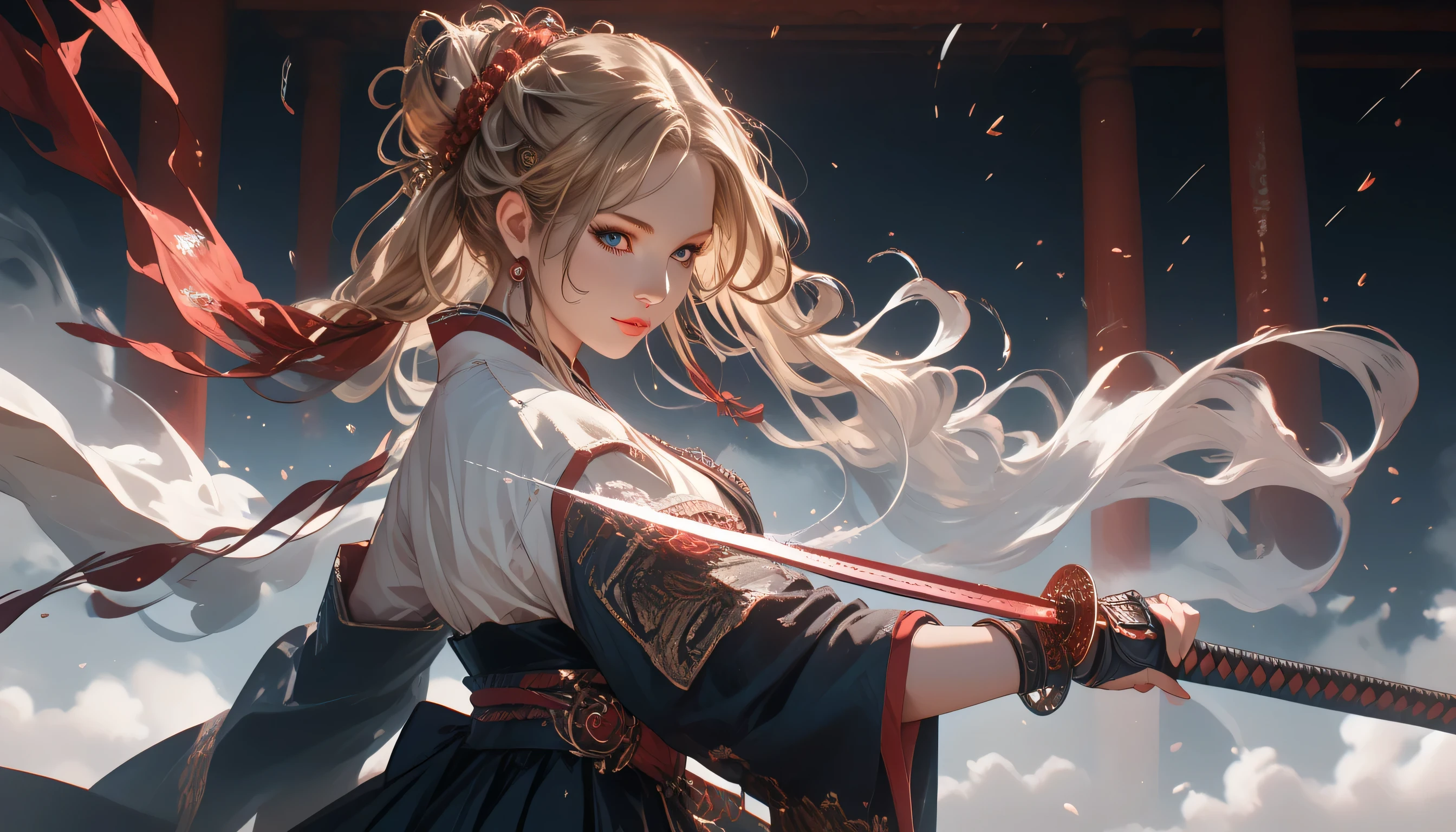 anime beautiful girl,with a katana in hand,bright colors,maximum details,long hair,fluttering in the wind,dark atmosphere,Feel the Power,Image of the Ancient Warrior,Beautiful Appearance,ultra detail,top quality,8k wallpaper long shot (FULL)