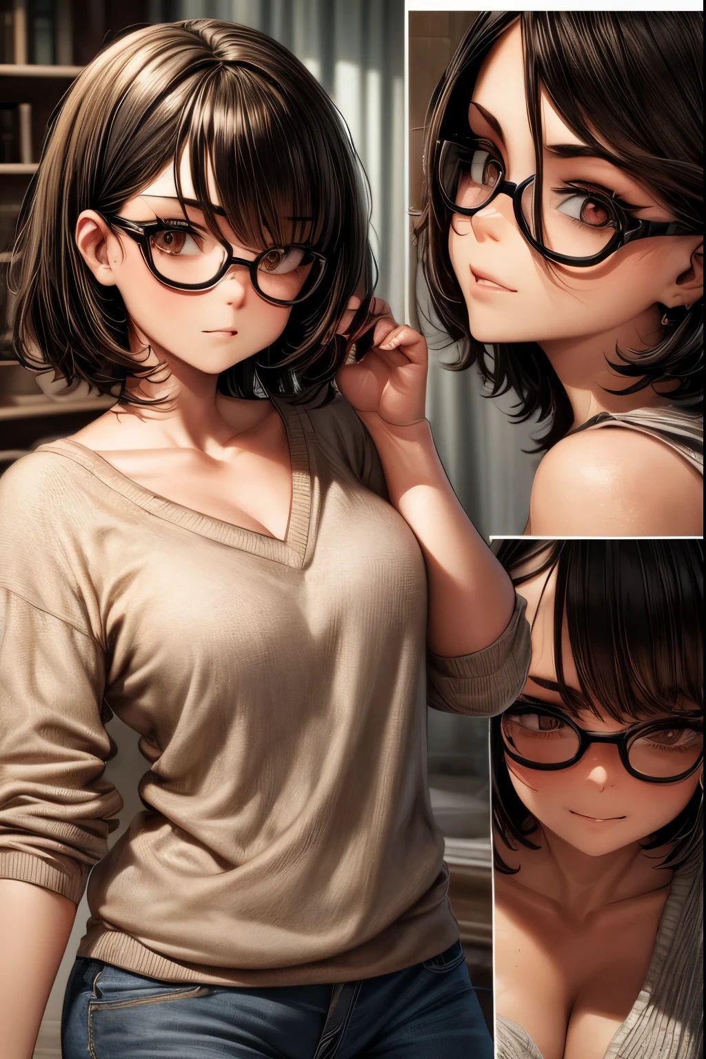One woman, Japan people in their 20s, symmetrical beauty, Small face, sharp outline, A dark-haired, Shoulder length short bob hair, Curly hair, The hair near the shoulders should have strong waves., With bangs, thick eyebrow, 二重まぶた, drooing eyes, Small nose, Thicker lips, (Rimless glasses, Small glasses, glasses for women), Wheat-toned skin, H Cup, directly in front of the camera, looking directly at the viewer, Looking at the camera.