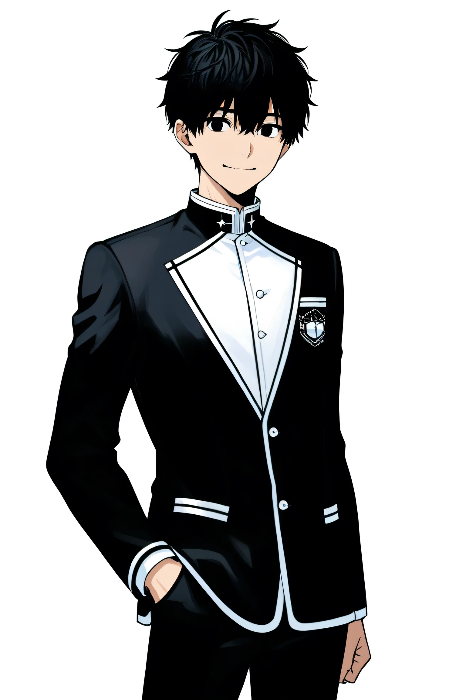 male college students　background white　white background　uniform　short hair　black hair　 black eyes　is standing　Light novel　 cover　smile　black pants