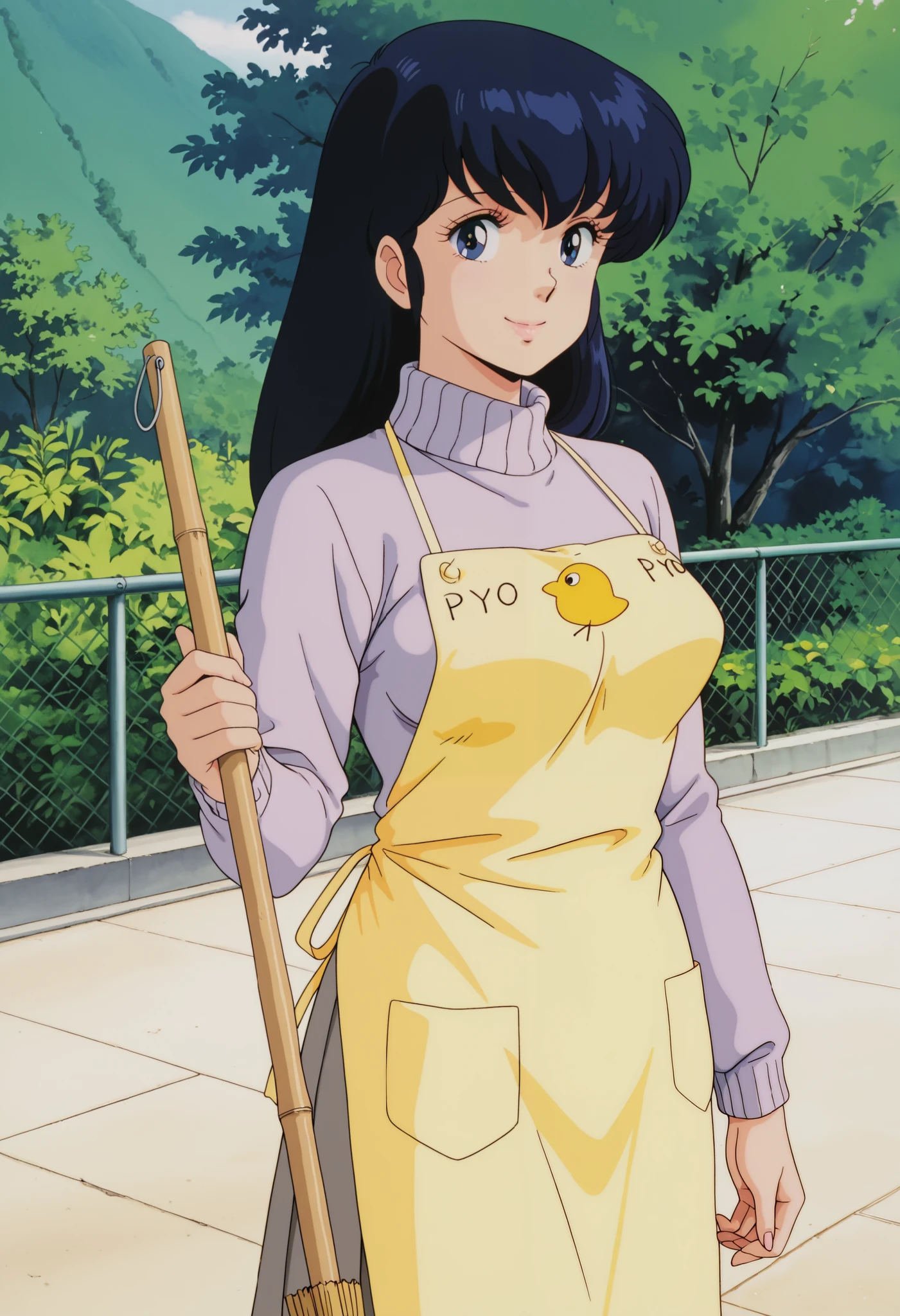 masterpiece, best quality, amazing quality, detailed background, perfect eyes, anime coloring, anime screenshot, 1980s \(style\), 1girl, solo, mature female, otonashi kyouko, black hair, long hair, , blue eyes, medium breasts, turtleneck sweater, long sleeves, skirts, piyo piyo apron, holding broom, looking at viewer, smile, (outdoors)