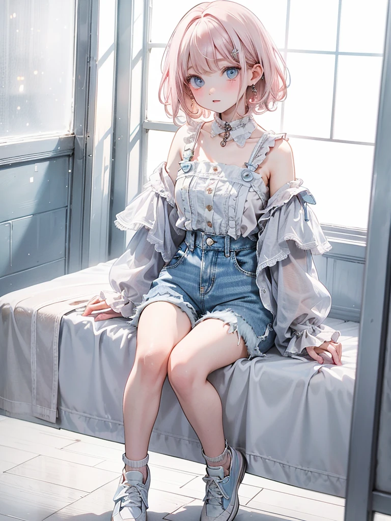 (Masterpiece, BestQuality:1.3), (ultra detailed:1.2), (hyperrealistic:1.3), (RAW photo:1.2), High detail RAW color photo, professional photograph, (Photorealistic:1.4), (realistic:1.4), (Pink Hair:1.5), professional lighting, perfect anatomy, (Big Breasts:1.2), (blush, detailed face), (A happy smile:1.7), sexly, erotic sexly, Random sexy gravure poses, (A beautiful angel wearing a pink ruffled blouse and denim skirt、Laughing happily while riding a merry-go-round at an amusement park、Silver bracelet、Merry-go-round sitting pose。:1.3)